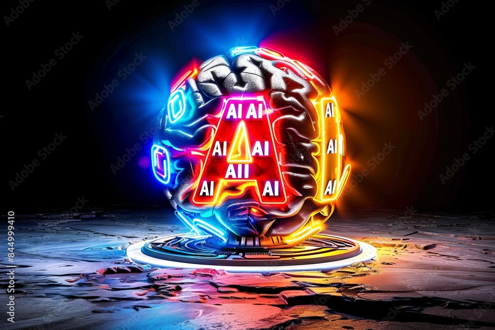 Poster ai brain with neon lights, advanced neural networks, futuristic artificial intelligence technology, 