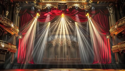 A stage with red curtains and lights shining on it
