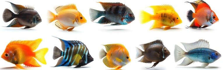 Underwater Delight: A Panoramic Collection of Popular Saltwater Fish Pets in an Aquarium Isolated on White Background