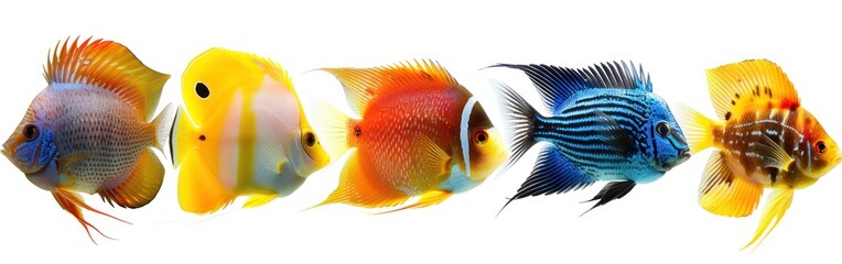 Underwater Delight: A Panoramic Collection of Popular Saltwater Fish Pets in an Aquarium Isolated on White Background