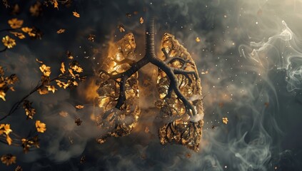 3D rendering of human lungs made from tree branches and leaves, surrounded by smoke.
