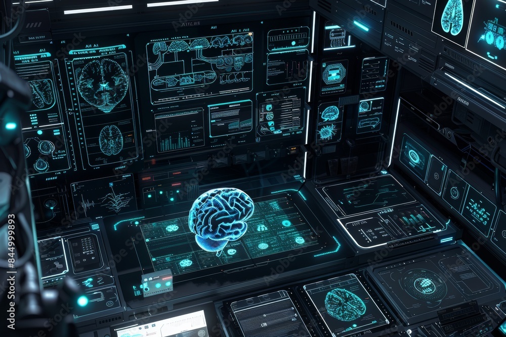 Poster ai robot with digital interface, advanced artificial intelligence technology, futuristic robotics, h