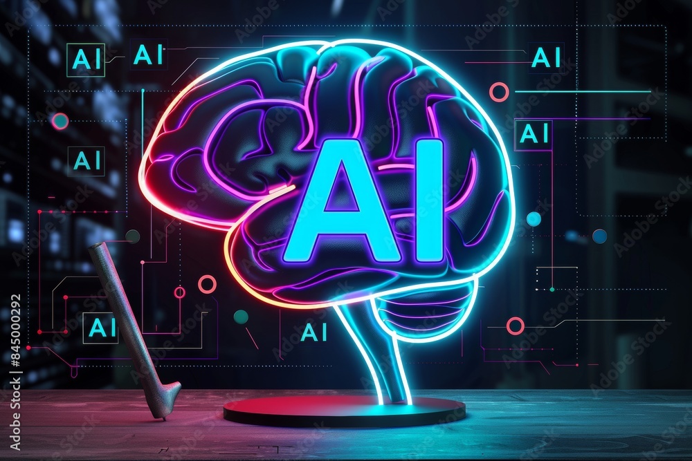 Aufkleber ai brain with neon outline, advanced neural networks, futuristic artificial intelligence technology,
