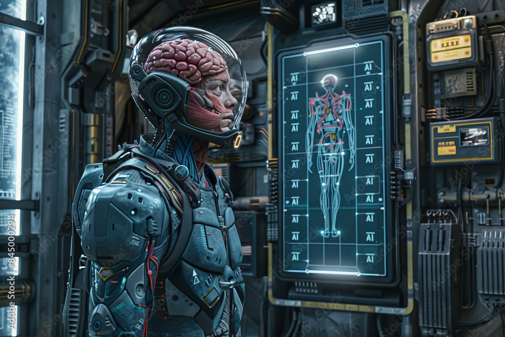 Poster ai robot with digital blueprint, advanced artificial intelligence technology, futuristic robotics, h