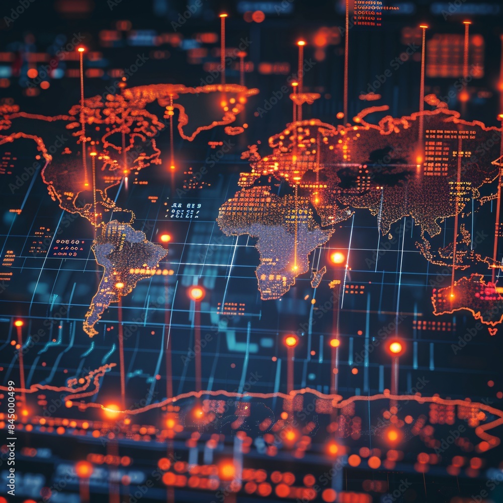 Poster 3d visualization of a world map with stock market graphs and charts emerging from different regions,