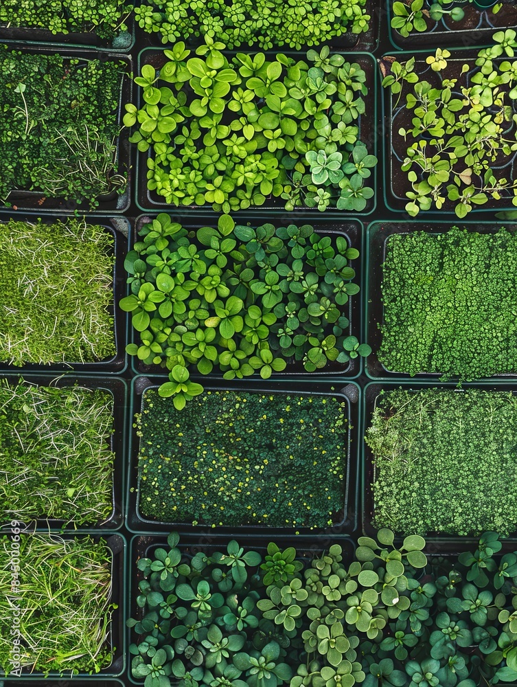 Poster An overhead view of a microgreen farm, showcasing a variety of microgreens in different stages of growth in black trays. Generative AI
