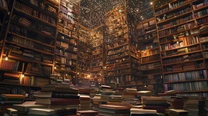 Obraz premium A soft unfocused glow surrounds the towering stacks of books inviting visitors to lose themselves in the boundless realm of knowledge at Infinite Knowledge Showcase. .