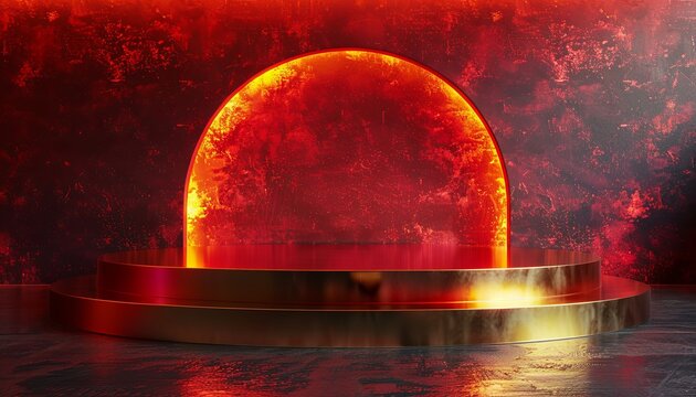 A red and gold sculpture of a planet with a red sun