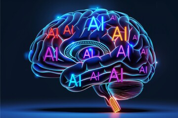 Fototapeta premium AI Brain with Digital Nodes, Futuristic Technology, Neural Network Concept, Cyber Intelligence, Glowing Neon Lights, High Tech Illustration, Artificial Mind
