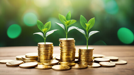 A seedling is growing on a coin lying on the ground. Green investment concept, increasing money to invest. Financial growth concept