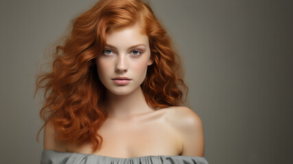 Portrait of a young woman with long red curly hair, wearing an off-shoulder gray dress against a neutral background
