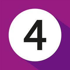 Number four icon vector. Black digit symbol. White circle background. Purple backdrop shadow.