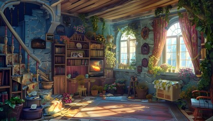 Naklejka premium Fairy Tale Cottage Interior. Fiction Children Backdrop. House Building Scenery.