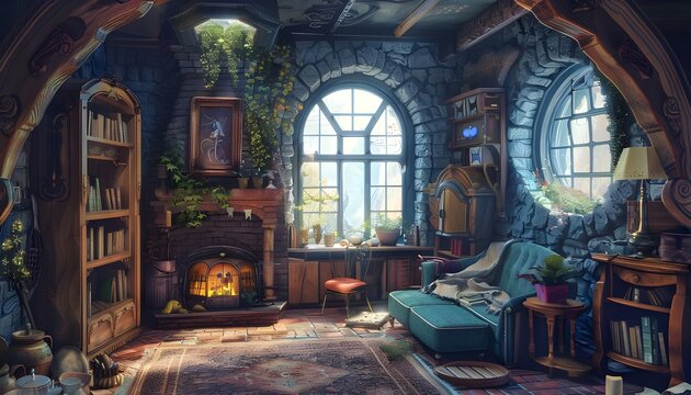Fairy Tale Cottage Interior. Fiction Children Backdrop. House Building Scenery.