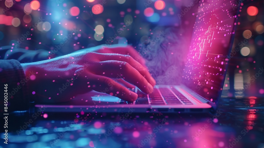 Poster a businessman's hand uses a laptop with a digital graph and a psychedelic icon symbol in the style o