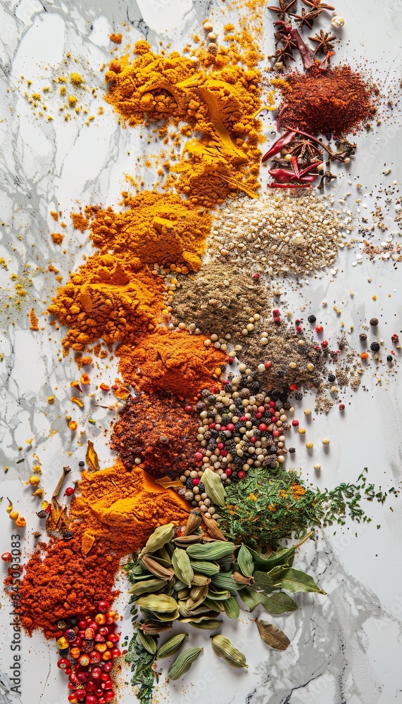 Aufkleber A close-up shot of an array of spices on a white marble surface. The image captures the vibrant colors of turmeric, coriander, paprika, and other seasonings, suggesting a variety of flavors 