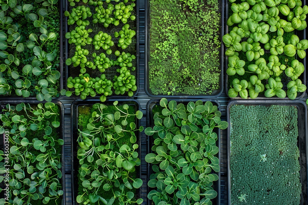 Poster An overhead view of a microgreen farm with trays of various types of microgreens, including basil, kale, and other leafy greens. Generative AI