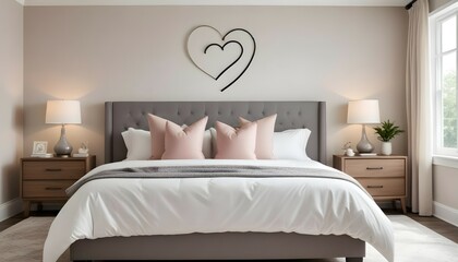 A detailed photograph of a stylish bedroom with a round mirror above a dresser, doubling the visual space and enhancing the modern decor.