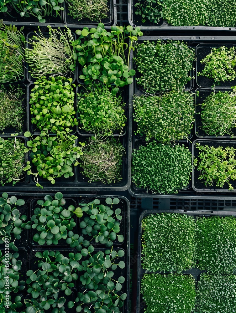 Poster A top-down view of a microgreen farm featuring rows of trays filled with various types of microgreens, including radish, sunflower, and pea shoots. Generative AI
