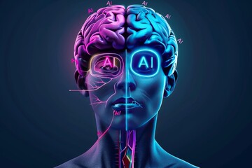 Obraz premium Futuristic AI Brain with Neon Lights, High Tech Neural Network, Digital Intelligence, Cyberpunk Art, Advanced Technology, Cyber Intelligence