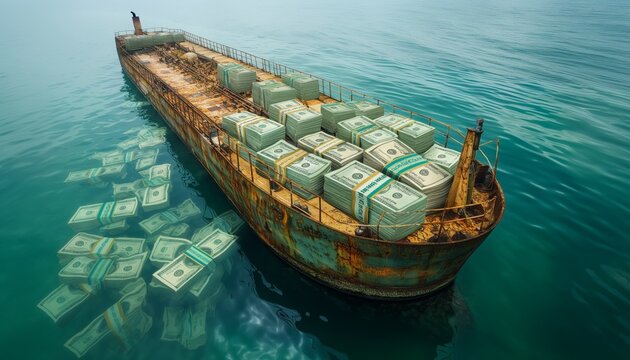 Cargo ship with money stacks on rusty deck