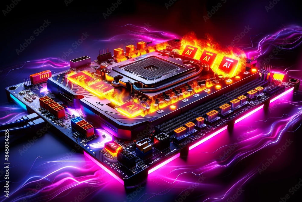 Aufkleber ai processor with glowing circuits, cyber technology, high tech microchip, futuristic design, digita
