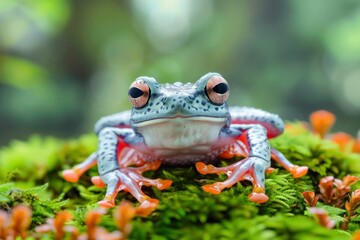 Frog sitting on mossy ground with green plants in background serene nature scene with wildlife beauty