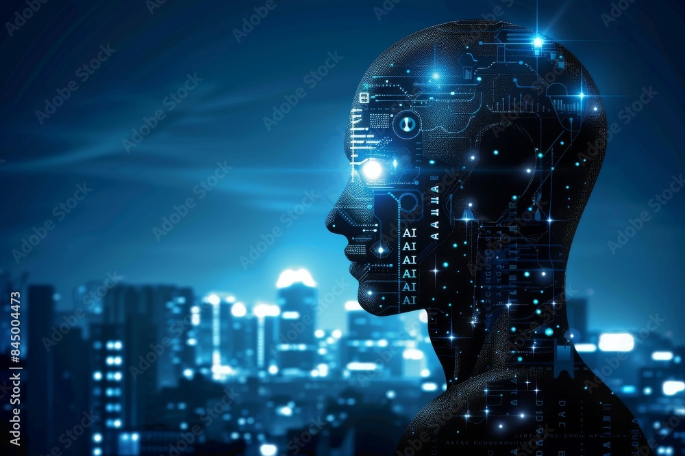 Poster digital ai robotic head in futuristic cityscape with glowing blue circuits and binary code, night sc