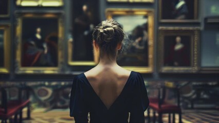 Back view of elegantly dressed woman in classical art gallery. Lady looking at old paintings in museum
