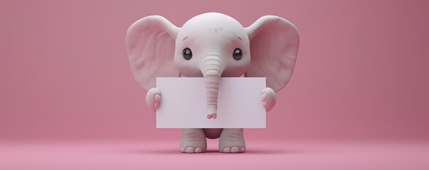 Adorable Pink Baby Elephant Holding Blank Sign on a Minimalist Pink Background Cute Animal Photography with Room for Custom Text or Messages Perfect for Creative Projects and Marketing Campaigns