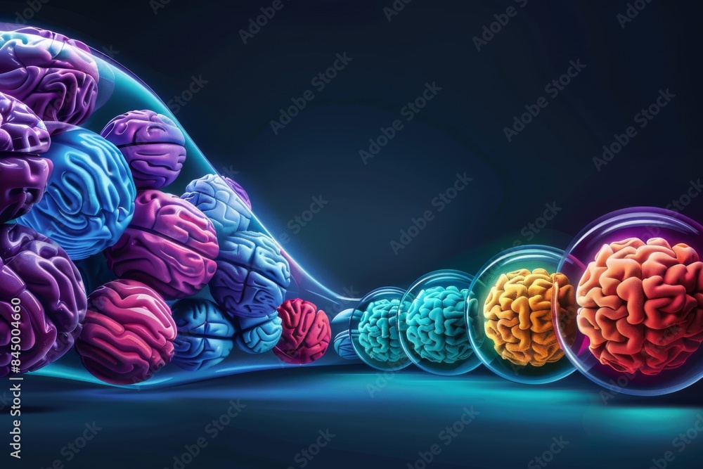 Poster colorful brains connected with digital lines representing neural networks, futuristic ai illustratio