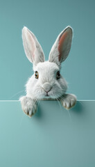 Obraz premium Adorable White Rabbit Peeking Over Edge with Curious Expression on Minimalistic Blue Background Perfect for Easter or Spring Themed Projects and Animal Lovers Everywhere