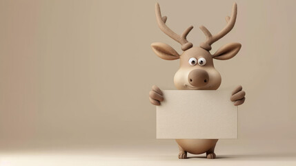 Cheerful Cartoon Reindeer Holding Blank Sign Board on Minimalist Beige Background for Holiday Greetings and Messages