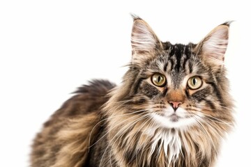 Fluffy Maine Coon Cat with Elegant Long Hair in Artistic White Background Portrait for Animal Lovers and Pet Adoption