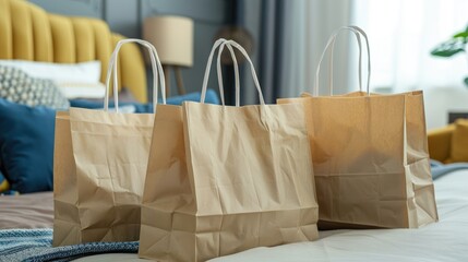 Home delivery concept of paper bags with clothes placed on a bed