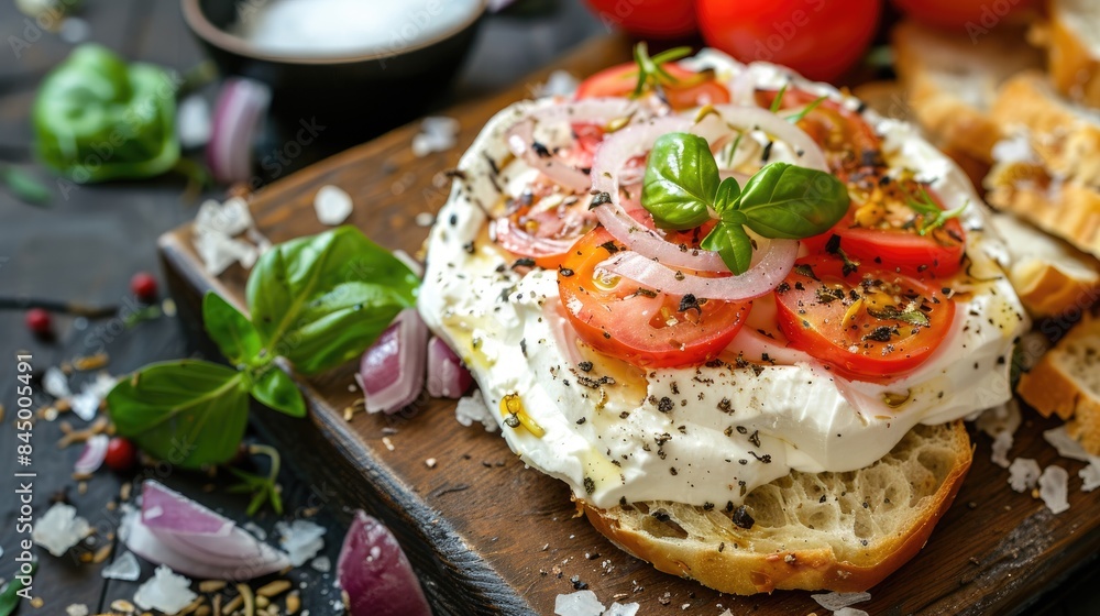 Canvas Prints Healthy snack option Homemade organic white cheese with tomatoes basil onions crispy bread herbs and salt on a wooden board