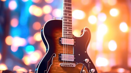 Naklejka premium electric guitar with a sunburst finish, prominently displaying the guitar's body, strings, pickups, bridge and control buttons. with a bokeh effect background featuring colorful lights