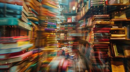 A hazy backdrop of shelves stacked high with books creating a sense of wonder and curiosity for customers perusing the book stand. .