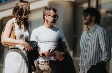 Three young adults in semi-formal outfits engaging in conversation on a bright day, portraying a casual business atmosphere.
