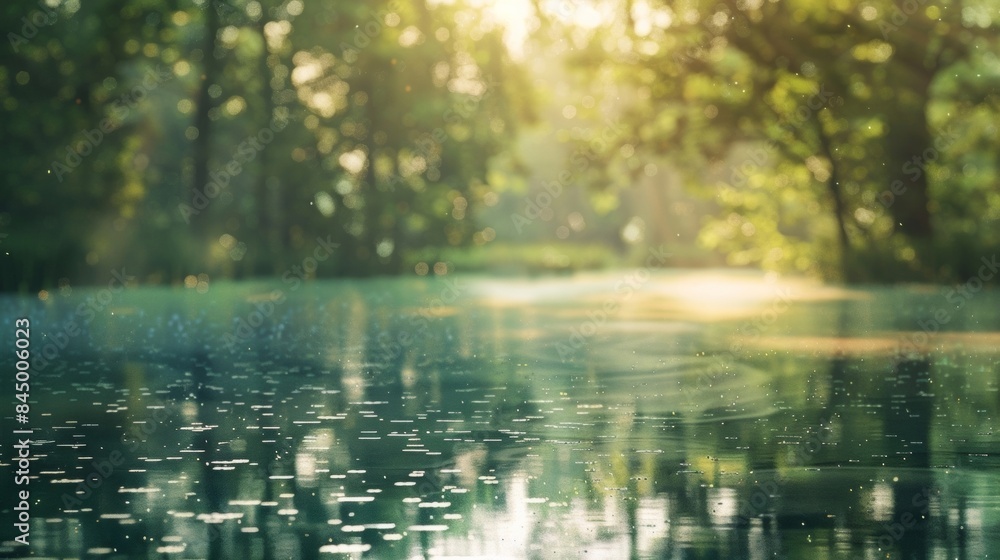 Poster softly defocused image of a forest clearing in the early evening where sunlight filters through the 