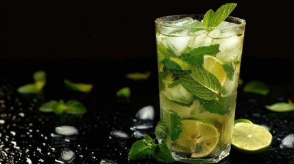 Fototapeta premium mojito with lime wedges and mint leaves and ice cubes in a glass. This drink is garnished with fresh mint leaves and a lime wedge.