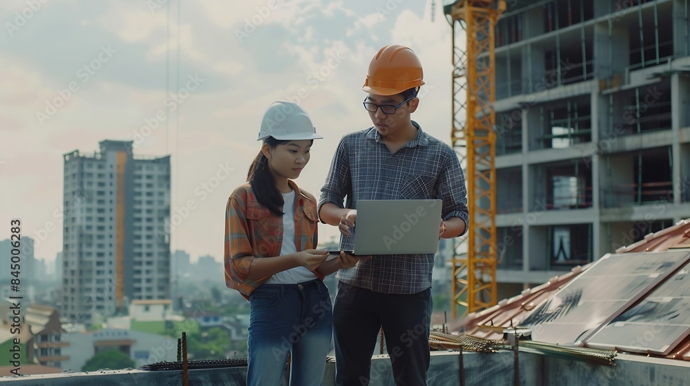Poster Professional Asian man and woman teamwork engineer and foreman using laptop working outdoor at construction site building rooftop Architecture inspector inspect building exterior struc : Generative AI