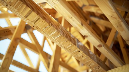 In course of remodeling house construction improvement framing beams wooden trusses were installed in an unfinished area : Generative AI