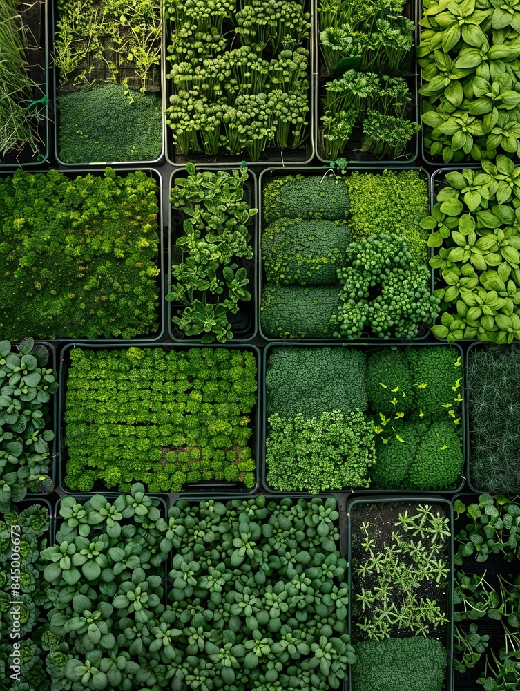 Poster An overhead view of a microgreen farm showcasing various types of microgreens growing in rows of trays. Generative AI