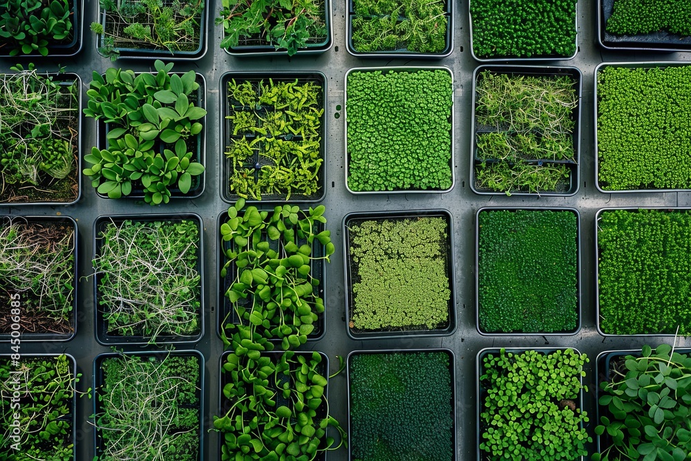 Aufkleber a top-down perspective of a microgreen farm showcasing rows of trays filled with different varieties