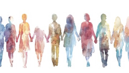 A watercolor illustration of people holding hands in an office setting, representing unity and support among colleagues.