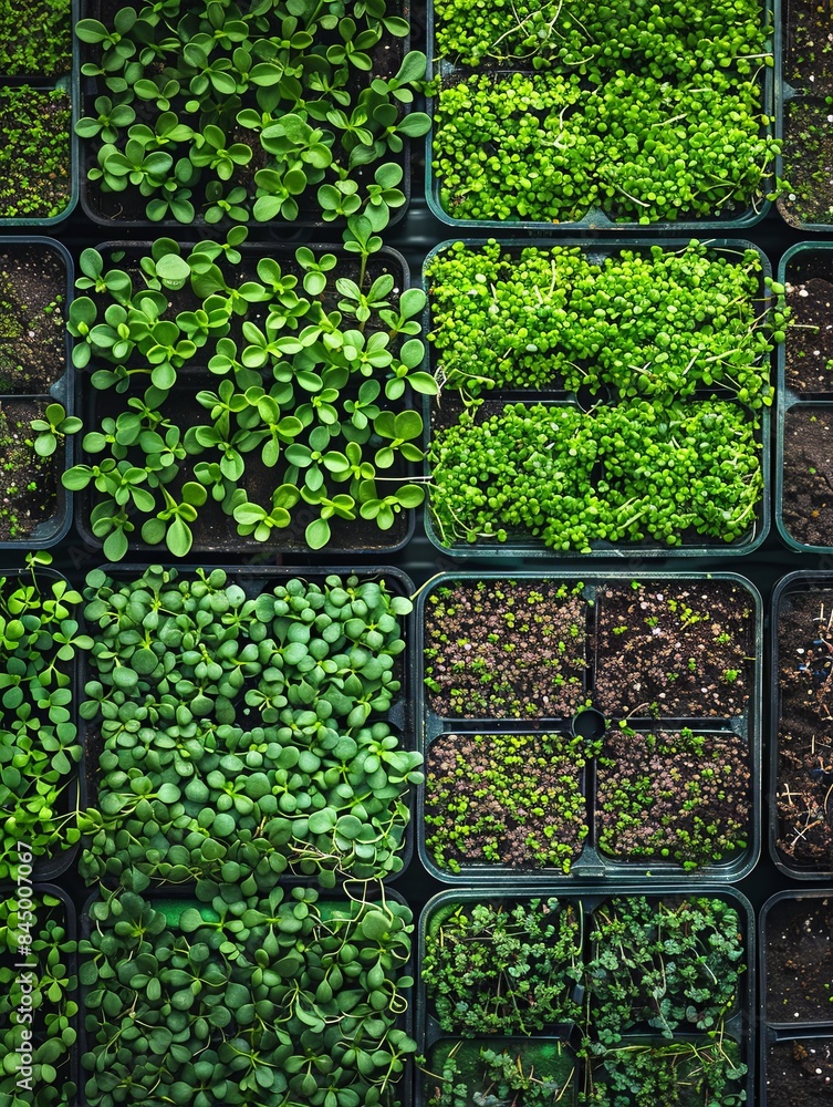 Leinwandbilder An overhead perspective of a microgreen farm with various types of microgreens growing in trays. Generative AI