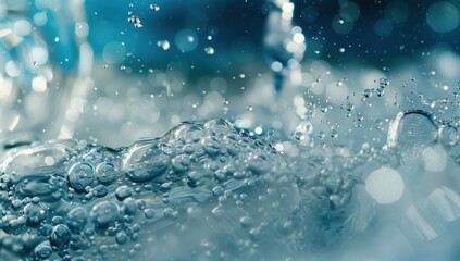 Water being poured into glass, closeup of water in the bottom left corner with bubbles and splash near top right edge, blue background