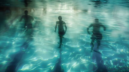 Against a hazy backdrop of swimmers gliding through the water a pair of swim trainers stand waistdeep in the pool their forms blurred and distorted. The soft focus adds an ethereal .