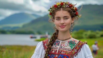 Fototapeta premium Young Irish Woman in Traditional Dancing Dress in Killarney National Park Art Collage 